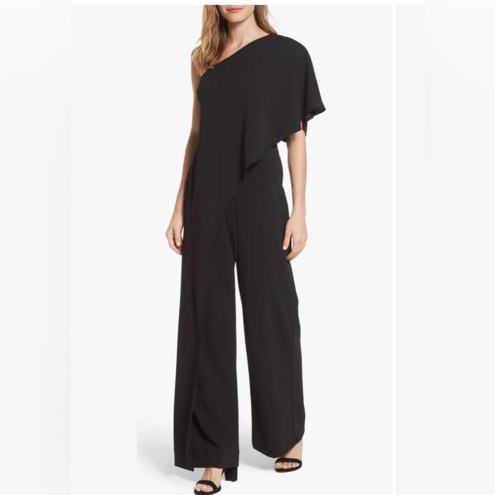 Adrianna Papell Black Asymmetrical Jumpsuit size 16 wedding event black tie